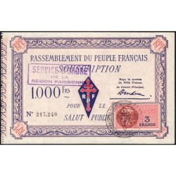 Rassemblement du Peuple Français - Type B-02c - 1'000 francs - Etat : SPL à SPL+