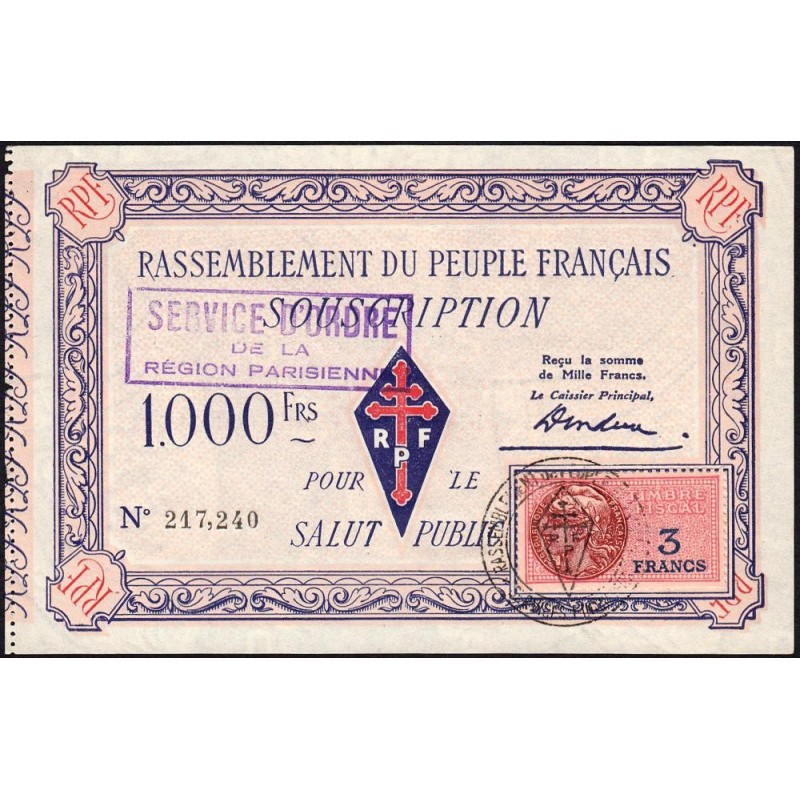 Rassemblement du Peuple Français - Type B-02c - 1'000 francs - Etat : SPL à SPL+