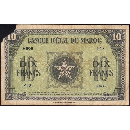 Maroc - Pick 25_3 - 10 francs - Série H608 - 01/03/1944 - Etat : AB