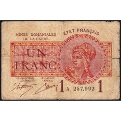 VF 51-01 - 1 franc - Mines Domaniales de la Sarre - 1919 - Série A - Etat : B-