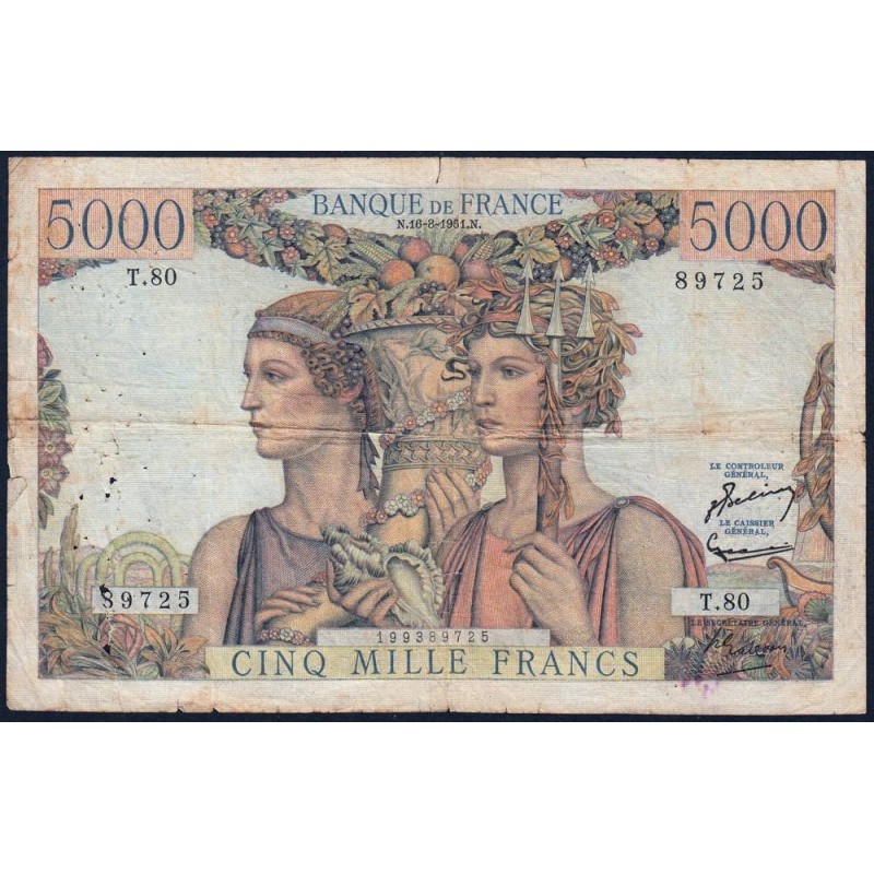 F 48-05 - 16/08/1951 - 5000 francs - Terre et Mer - Série T.80 - Etat : TB-