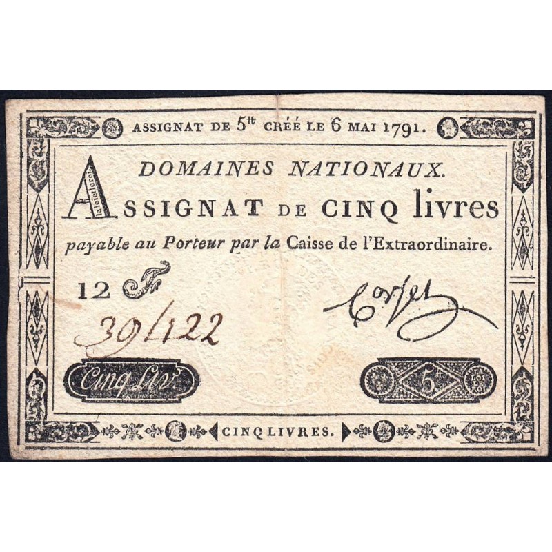 Assignat 12a - 5 livres - 6 mai 1791 - Série 12F - Etat : TTB