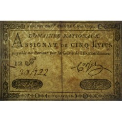 Assignat 12a - 5 livres - 6 mai 1791 - Série 12F - Etat : TTB