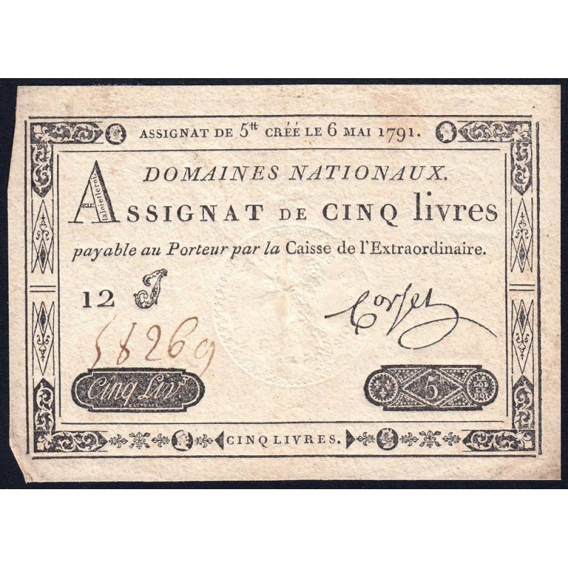 Assignat 12a - 5 livres - 6 mai 1791 - Série 12J - Etat : TTB