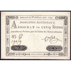 Assignat 20a - 5 livres - 1 novembre 1791 - Série 83C - Etat : SUP