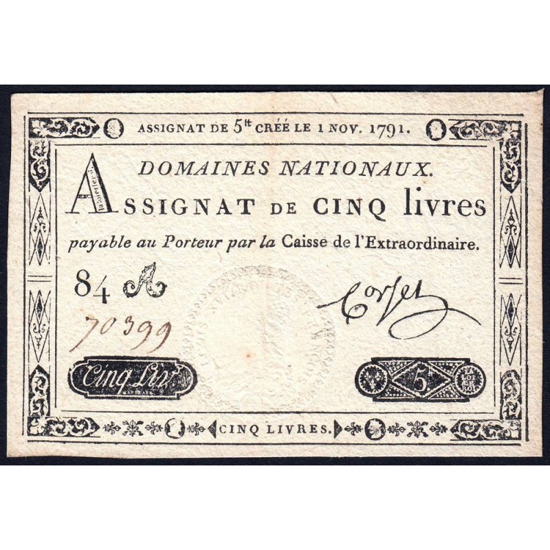 Assignat 20a - 5 livres - 1 novembre 1791 - Série 84A - Etat : TTB+