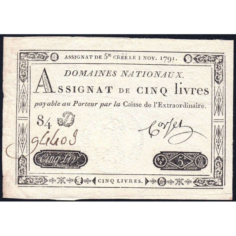 Assignat 20a - 5 livres - 1 novembre 1791 - Série 84D - Etat : TTB