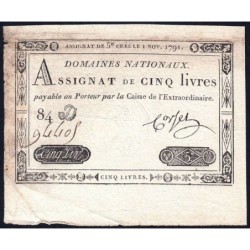 Assignat 20a - 5 livres - 1 novembre 1791 - Série 84D - Etat : TTB-