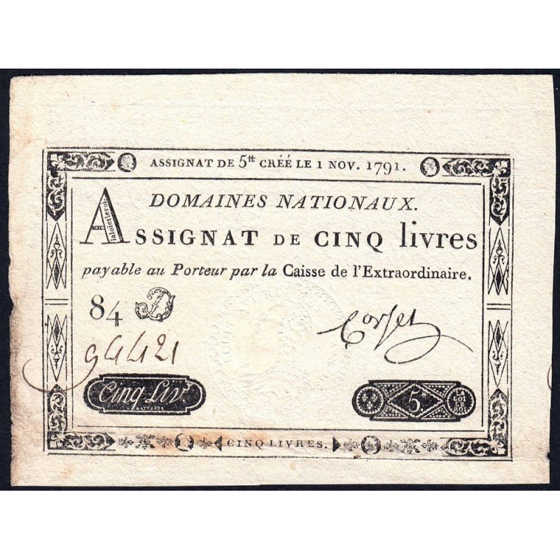 Assignat 20a - 5 livres - 1 novembre 1791 - Série 84D - Etat : TTB