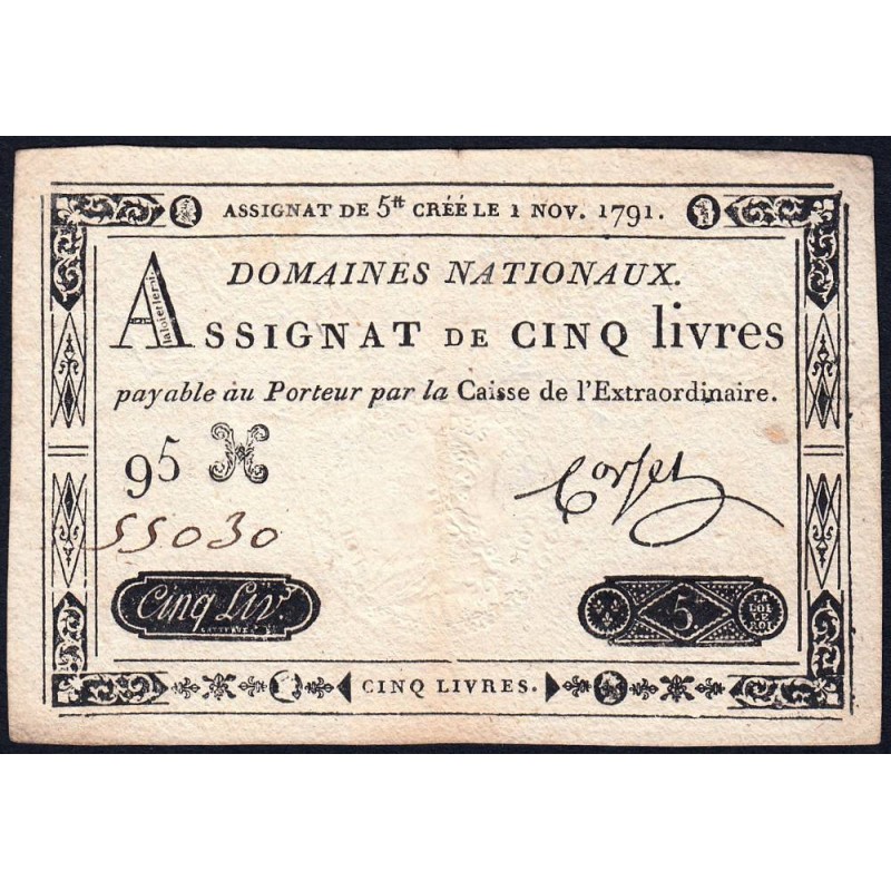 Assignat 20a - 5 livres - 1 novembre 1791 - Série 95H - Etat : TTB
