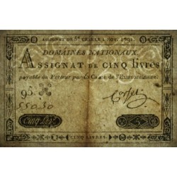Assignat 20a - 5 livres - 1 novembre 1791 - Série 95H - Etat : TTB