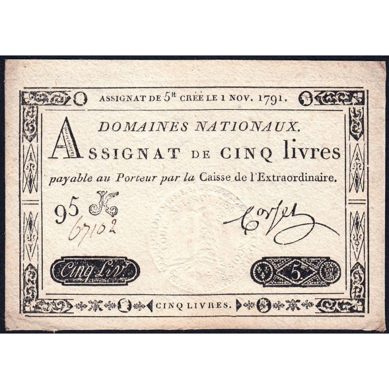 Assignat 20a - 5 livres - 1 novembre 1791 - Série 95K - Etat : SUP