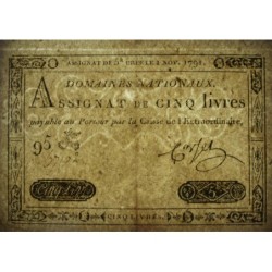 Assignat 20a - 5 livres - 1 novembre 1791 - Série 95K - Etat : SUP