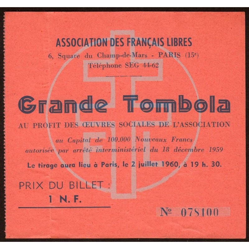 1959 - Association des Français Libres - Grande Tombola - 1 nouveau franc - TTB+