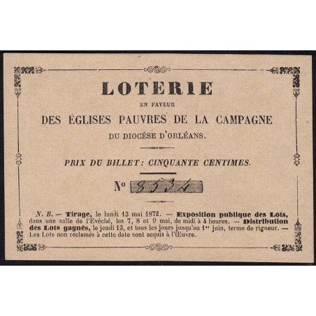 1872 - Orléans - Loterie - Eglises Pauvres de la Campagne - 50 centimes - NEUF