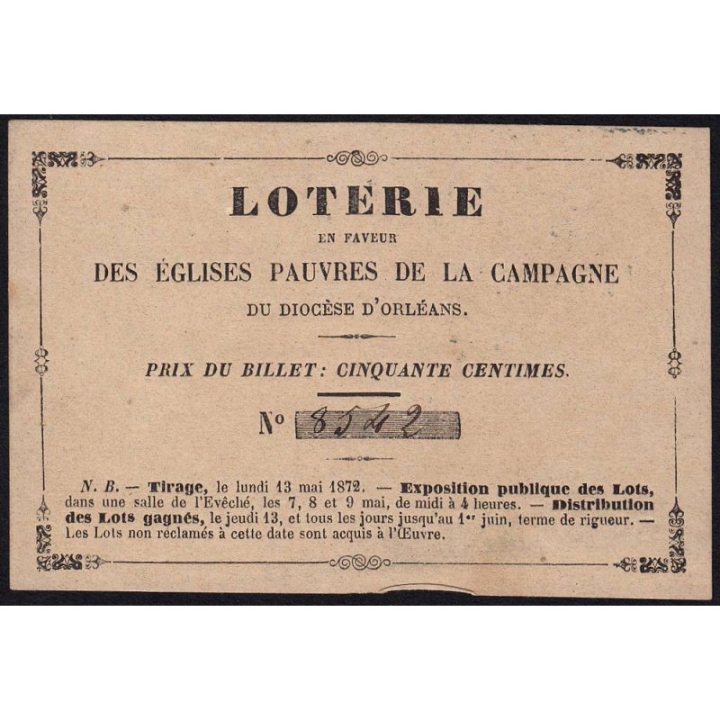 1872 - Orléans - Loterie - Eglises Pauvres de la Campagne - 50 centimes - SUP