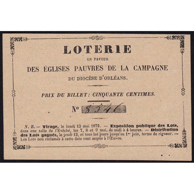 1872 - Orléans - Loterie - Eglises Pauvres de la Campagne - 50 centimes - NEUF