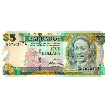 Barbade - Pick 67c - 5 dollars - Série G57 - 02/05/2012 - Etat : NEUF