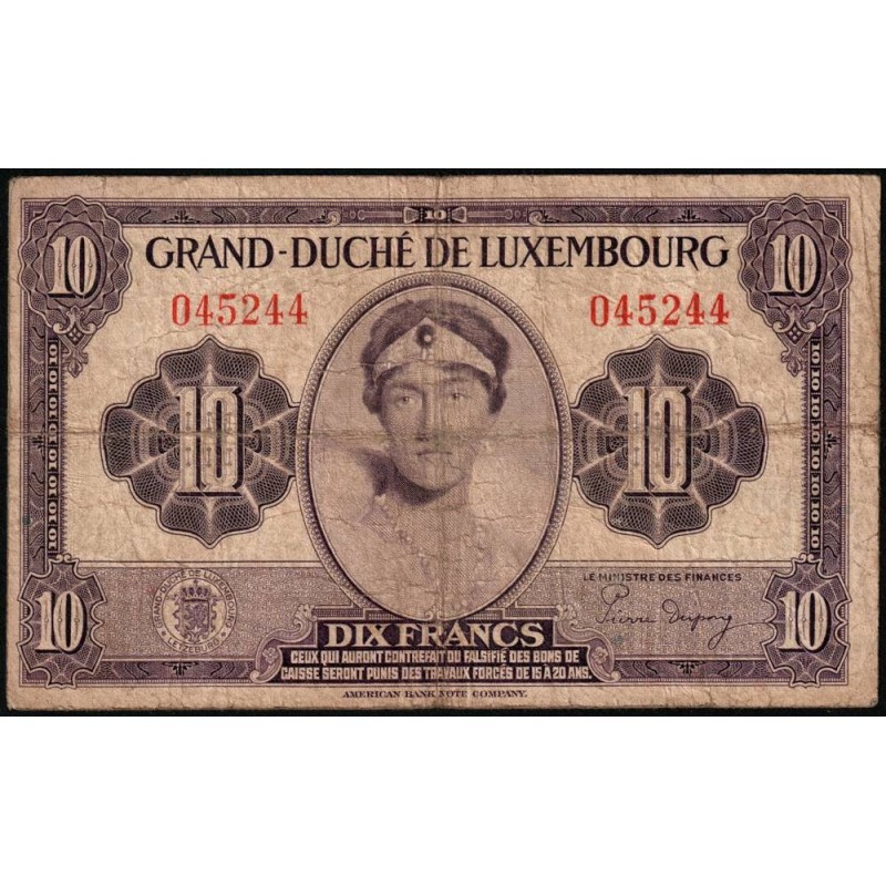 Luxembourg - Pick 44a_1 - 10 francs - Sans série - 1944 - Etat : TB-