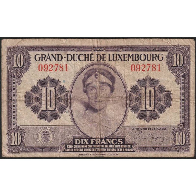 Luxembourg - Pick 44a_1 - 10 francs - Sans série - 1944 - Etat : TB