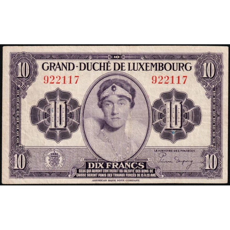 Luxembourg - Pick 44a_1 - 10 francs - Sans série - 1944 - Etat : TTB