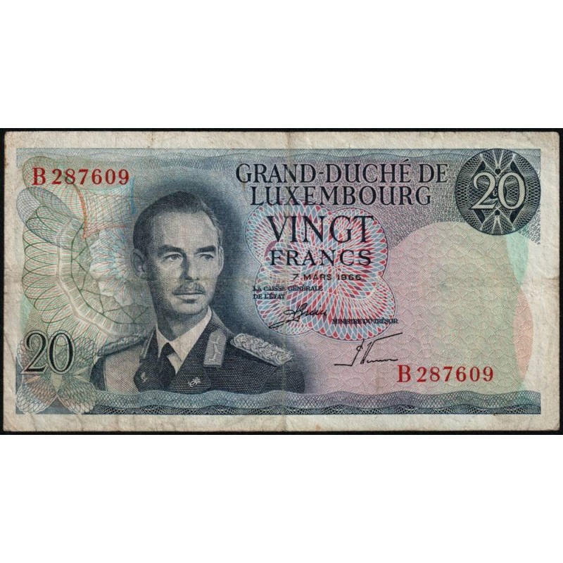 Luxembourg - Pick 54a - 20 francs - Série B - 07/03/1966 - Etat : TB