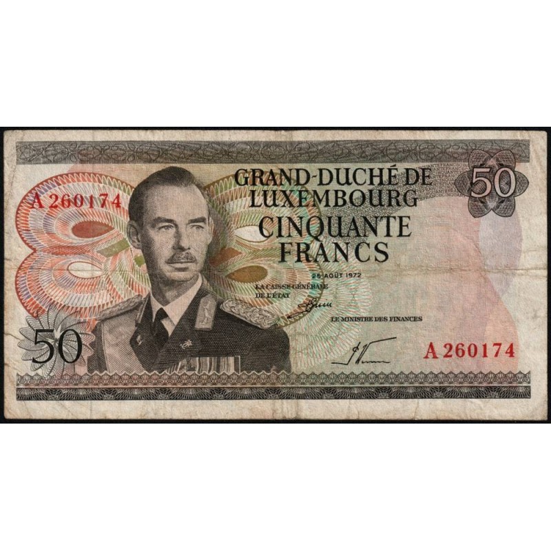 Luxembourg - Pick 55a - 50 francs - Série A - 25/08/1972 - Etat : TB