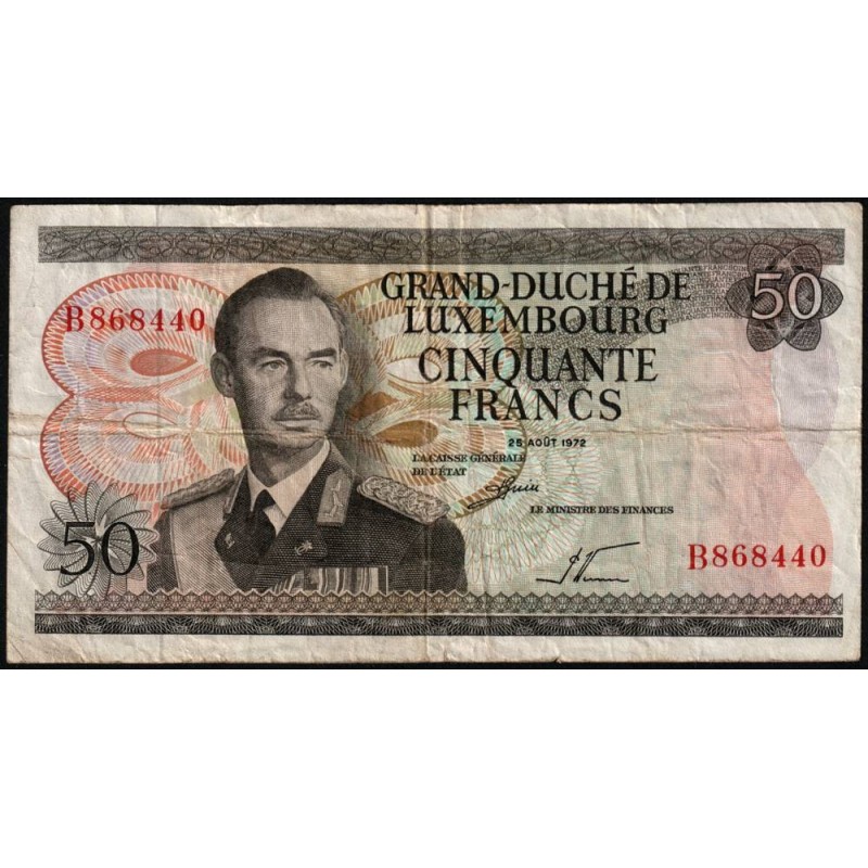 Luxembourg - Pick 55a - 50 francs - Série B - 25/08/1972 - Etat : TB+