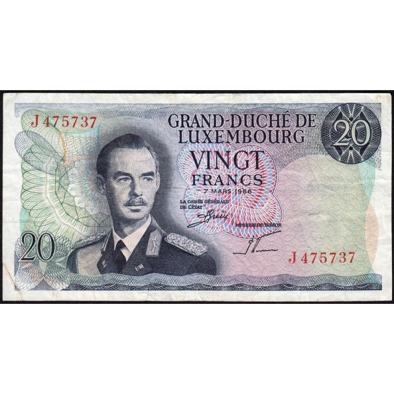 Luxembourg - Pick 54a - 20 francs - Série J - 07/03/1966 - Etat : TB+