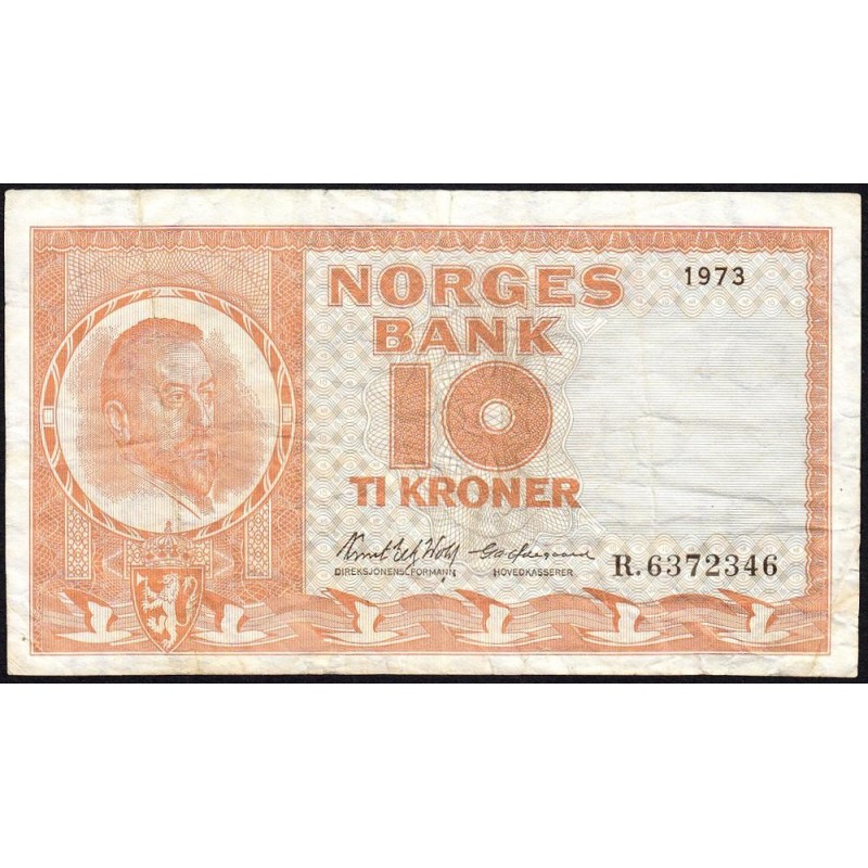 Norvège - Pick 31f - 10 kroner - Série R - 1973 - Etat : TB