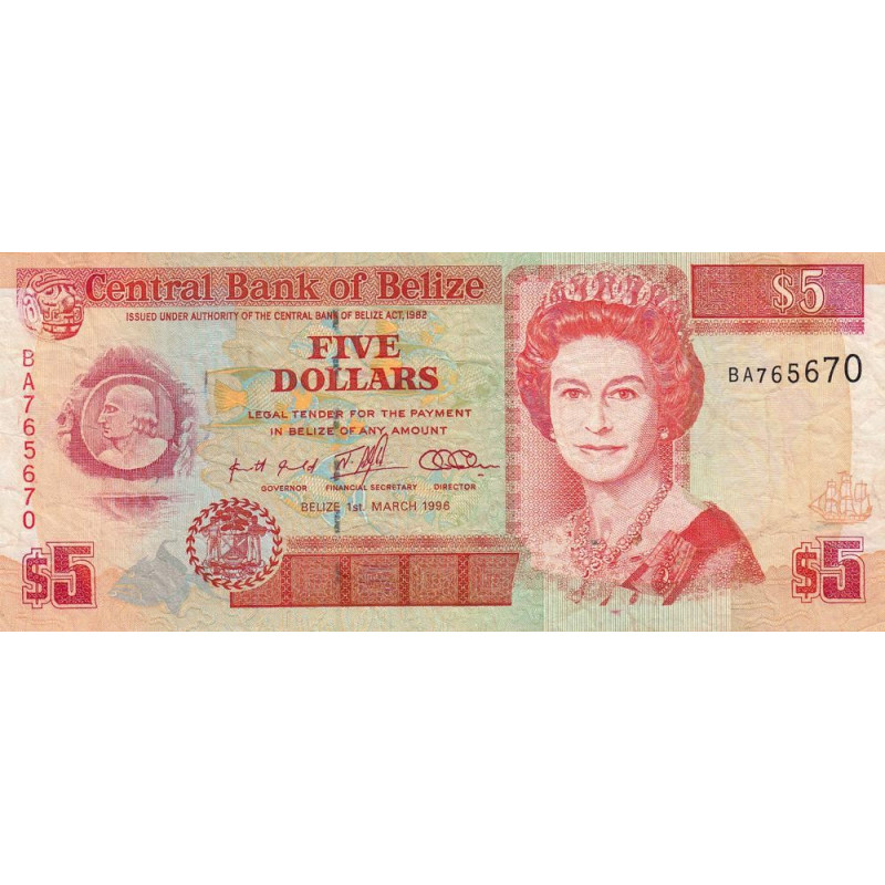 Belize - Pick 58 - 5 dollars - Série BA - 01/03/1996 - Etat : TTB