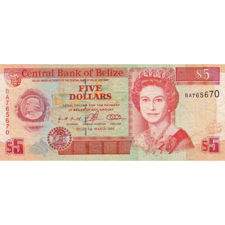 Belize - Pick 58 - 5 dollars - Série BA - 01/03/1996 - Etat : TTB