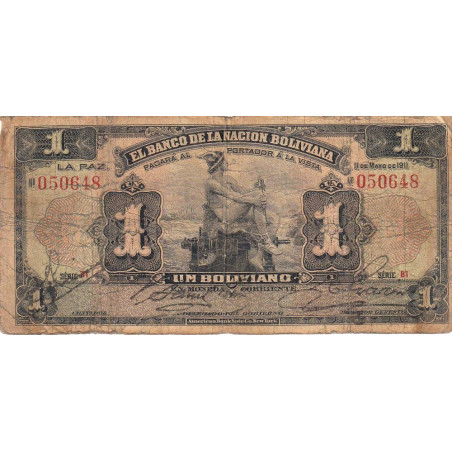 Bolivie - Pick 103_1 - 1 boliviano - 11/05/1911 (1928) - Série B1 - Etat : B-