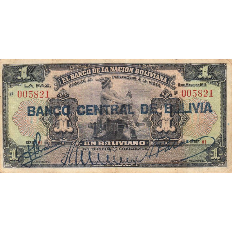 Bolivie - Pick 112_2 - 1 boliviano - 11/05/1911 (1929) - Série V1 - Etat : TB+