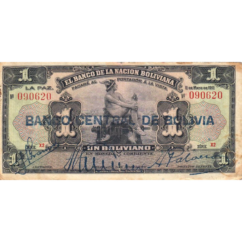 Bolivie - Pick 112_2 - 1 boliviano - 11/05/1911 (1929) - Série X2 - Etat : TB