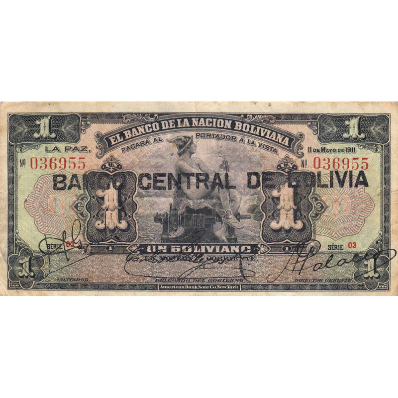 Bolivie - Pick 112_3 - 1 boliviano - 11/05/1911 (1929) - Série O3 - Etat : TB