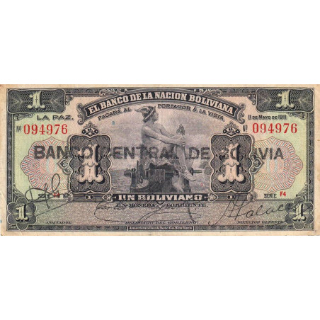 Bolivie - Pick 112_3 - 1 boliviano - 11/05/1911 (1929) - Série F4 - Etat : TB+