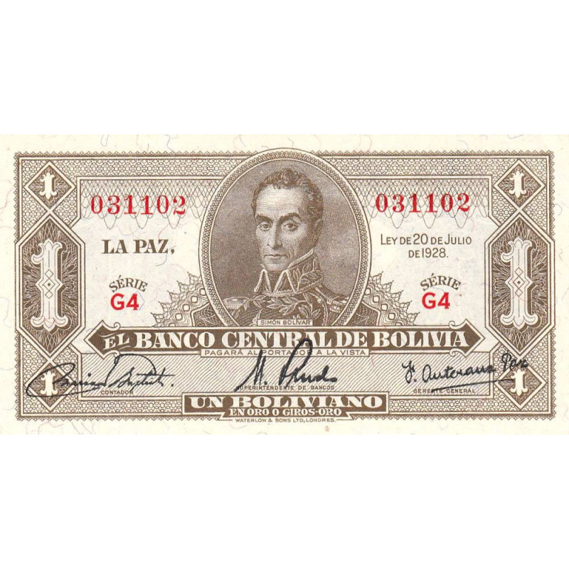 Bolivie - Pick 128a_4 - 1 boliviano - Série G4 - Loi 1928 (1945) - Etat : NEUF