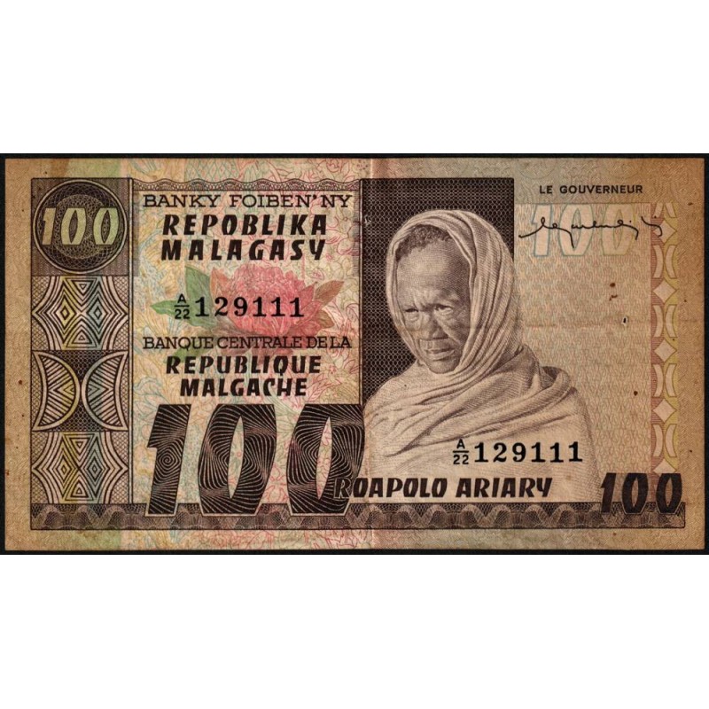 Madagascar - Pick 63 - 100 francs - 20 ariary - Série A/22 - 1974 - Etat : TB