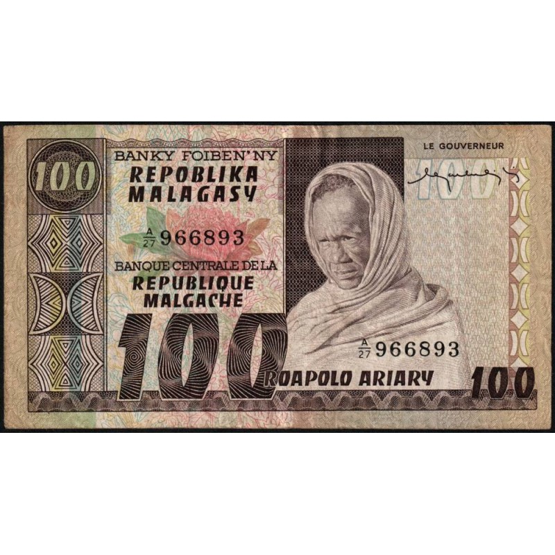 Madagascar - Pick 63 - 100 francs - 20 ariary - Série A/27 - 1974 - Etat : TTB