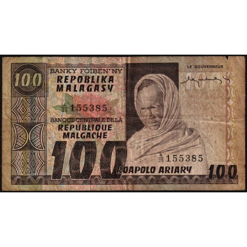 Madagascar - Pick 63 - 100 francs - 20 ariary - Série A/35 - 1974 - Etat : TB-