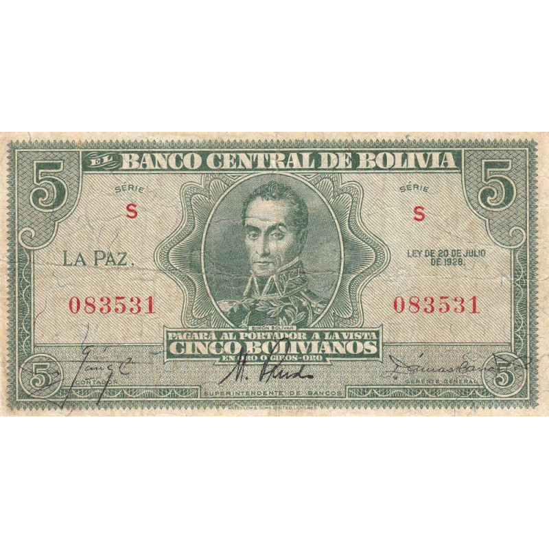 Bolivie - Pick 129_2 - 5 bolivianos - Série S - Loi 1928 (1948) - Etat : TB