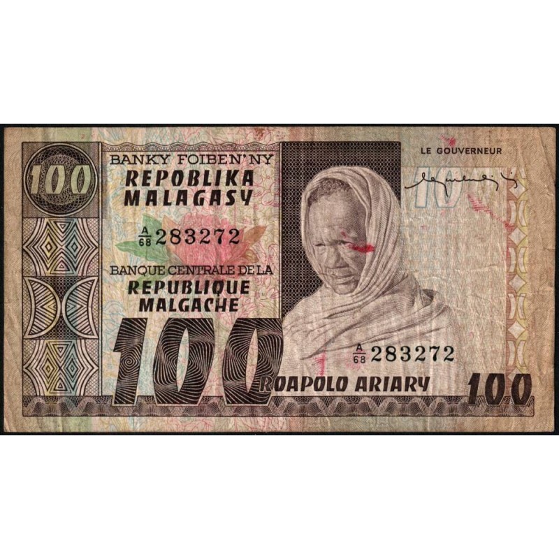 Madagascar - Pick 63 - 100 francs - 20 ariary - Série A/68 - 1974 - Etat : TB-