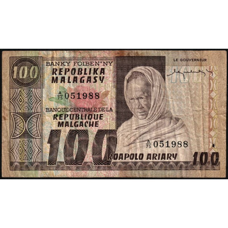 Madagascar - Pick 63 - 100 francs - 20 ariary - Série A/75 - 1974 - Etat : TB-