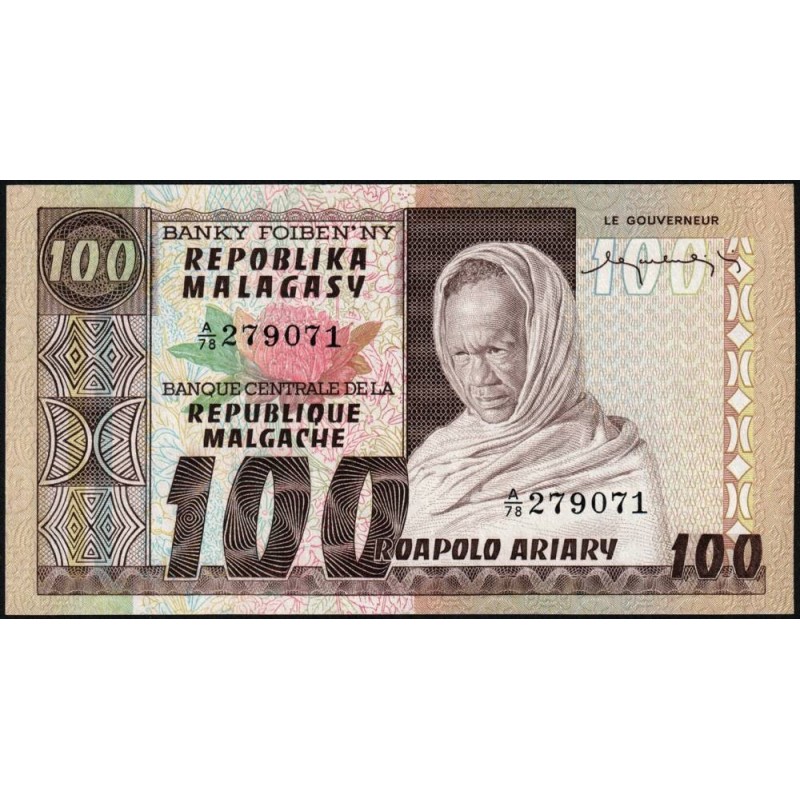 Madagascar - Pick 63 - 100 francs - 20 ariary - Série A/78 - 1974 - Etat : SUP+