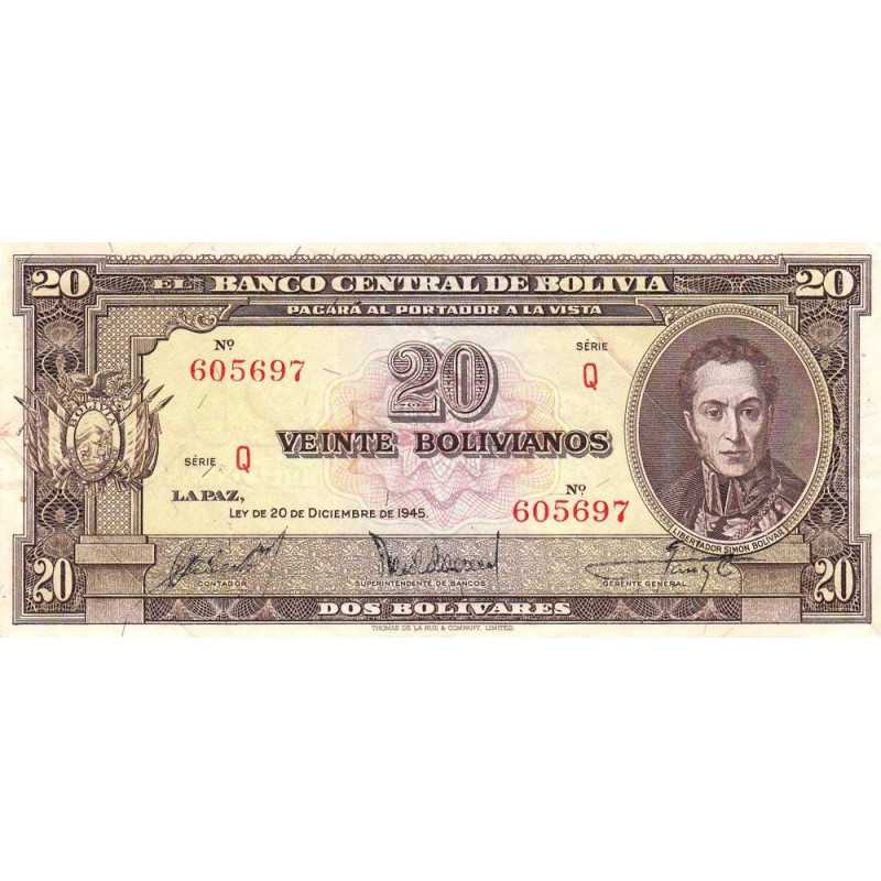 Bolivie - Pick 140a_7 - 20 bolivianos - Série Q - Loi 1945 (1955) - Etat : SUP