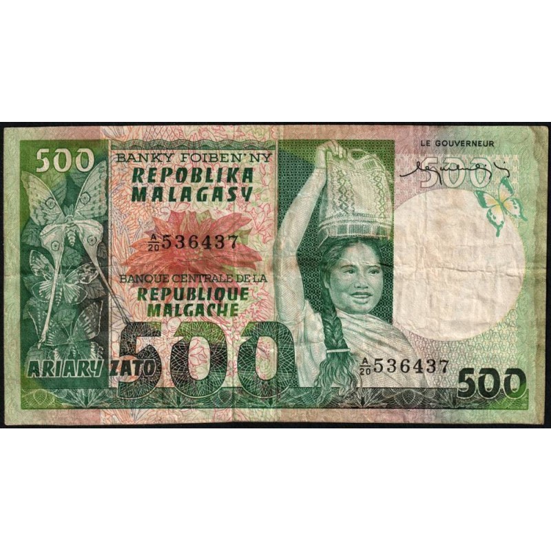 Madagascar - Pick 64 - 500 francs - 100 ariary - Série A/20 - 1974 - Etat : TB-