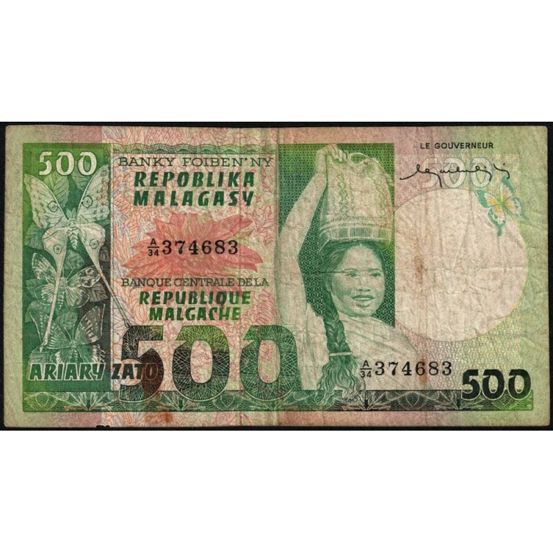 Madagascar - Pick 64 - 500 francs - 100 ariary - Série A/34 - 1974 - Etat : B+