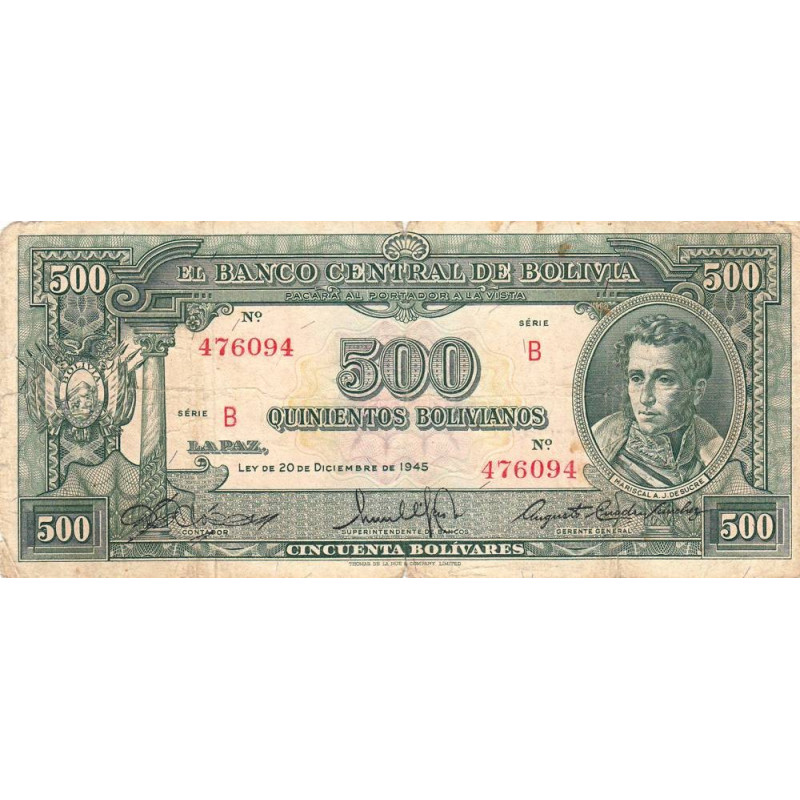 Bolivie - Pick 143_2 - 500 bolivianos - Série B - Loi 1945 (1951) - Etat : B+