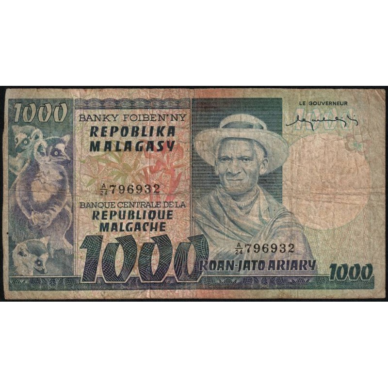 Madagascar - Pick 65 - 1'000 francs - 200 ariary - Série A/24 - 1974 - Etat : B